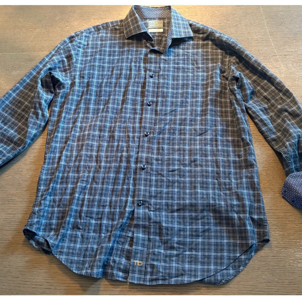Thomas Dean Mens Navy Blue Plaid Button Down Shirt Long Sleeve Cotton Size M